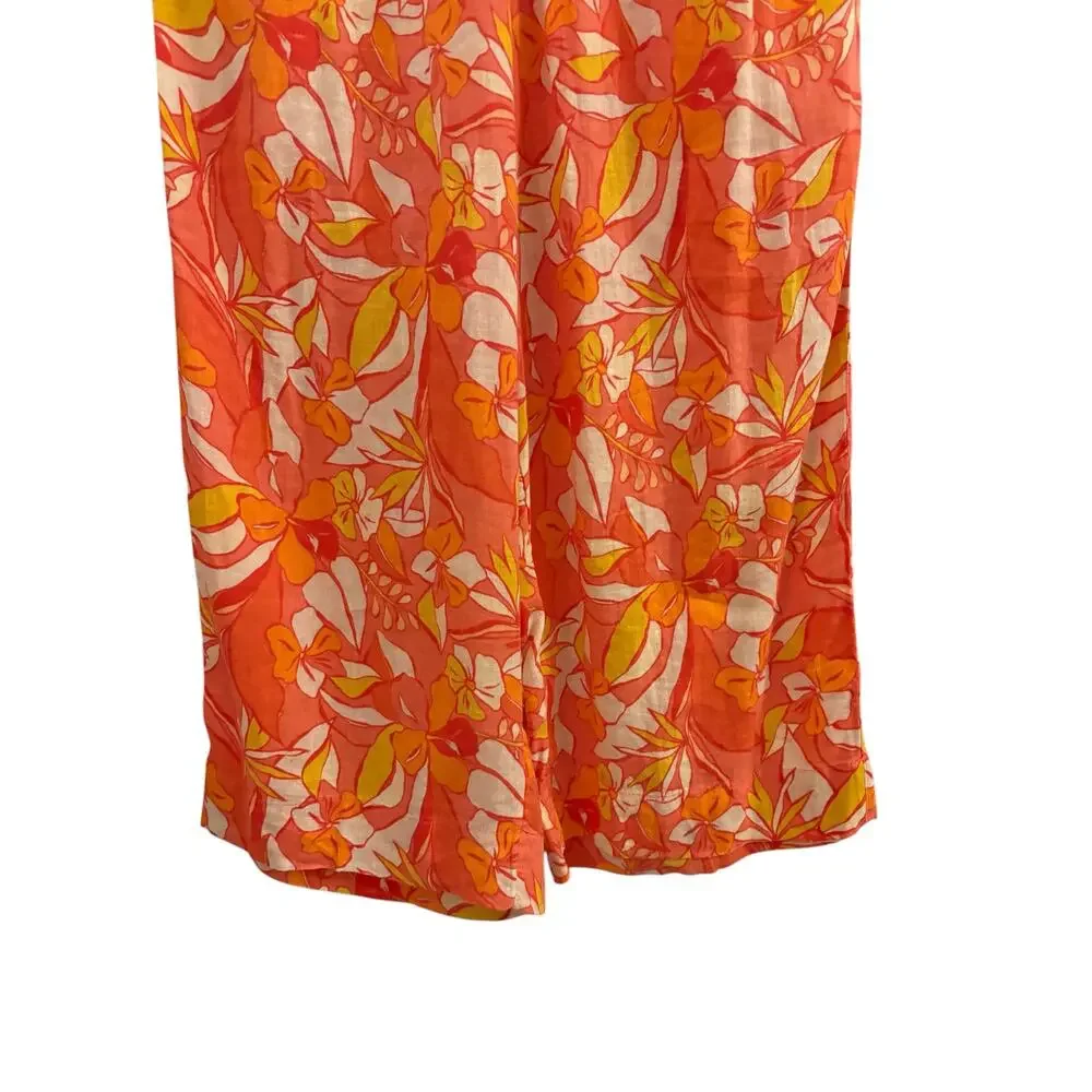 C&C of California Beachwear Coral Linen Wide Leg Pants L Elastic Tie Waist Boho
